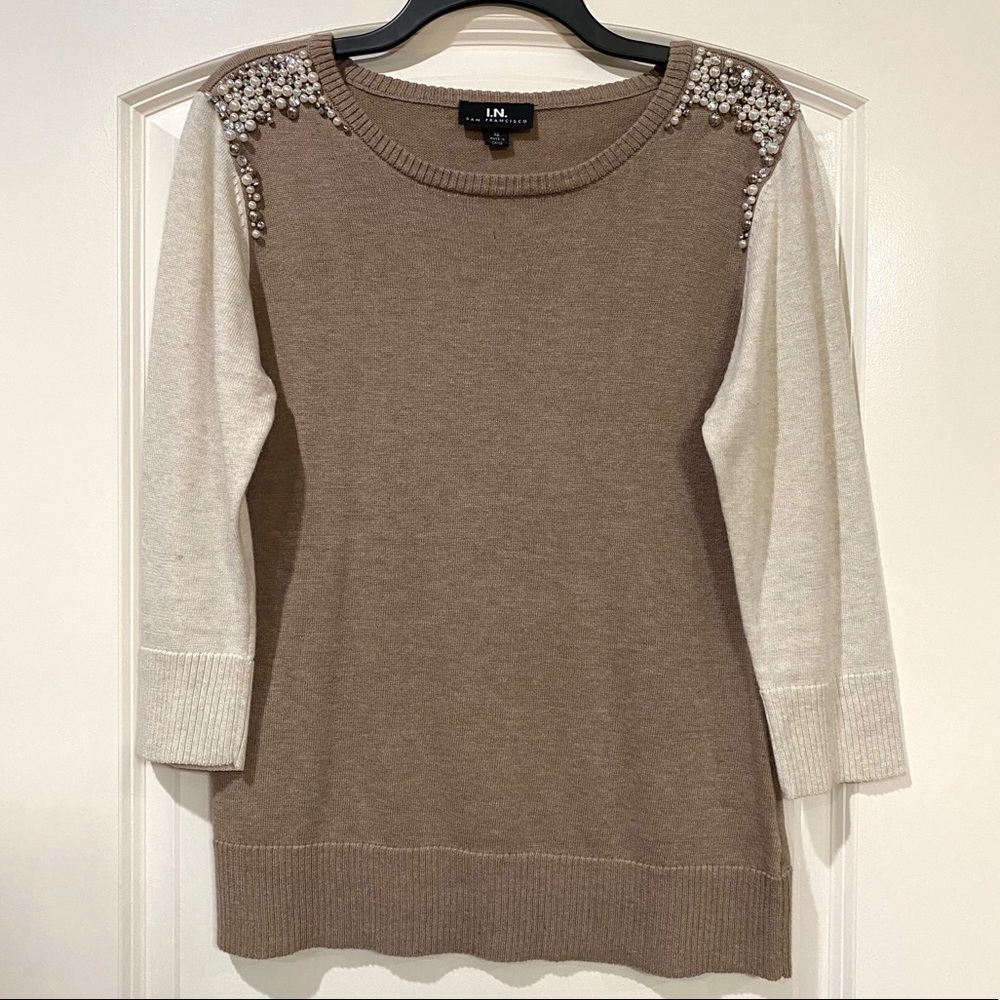 Tan Sweater with Beaded Shoulder Detail